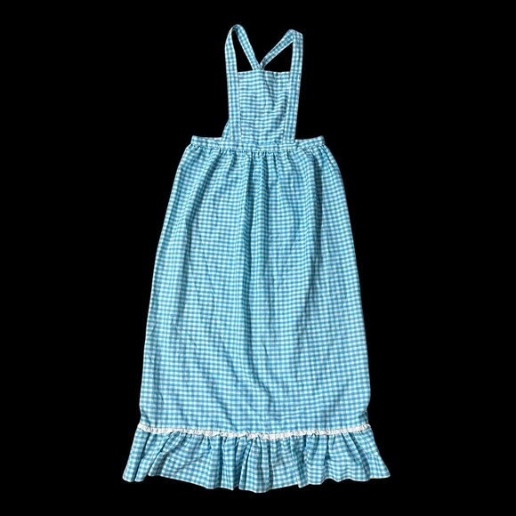 Vintage Pinafore Dress Blue White Gingham Ruffle Hem Handmade Smock Cotton - Picture 2 of 6